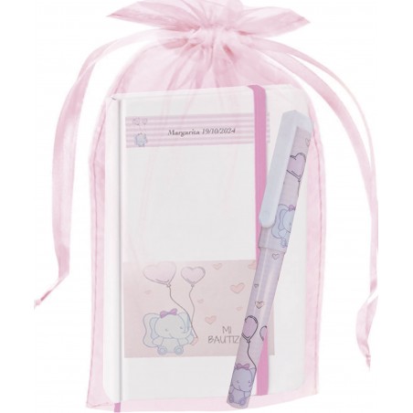 Cahier éléphant personnalisé avec stylo et sac de baptême en organza