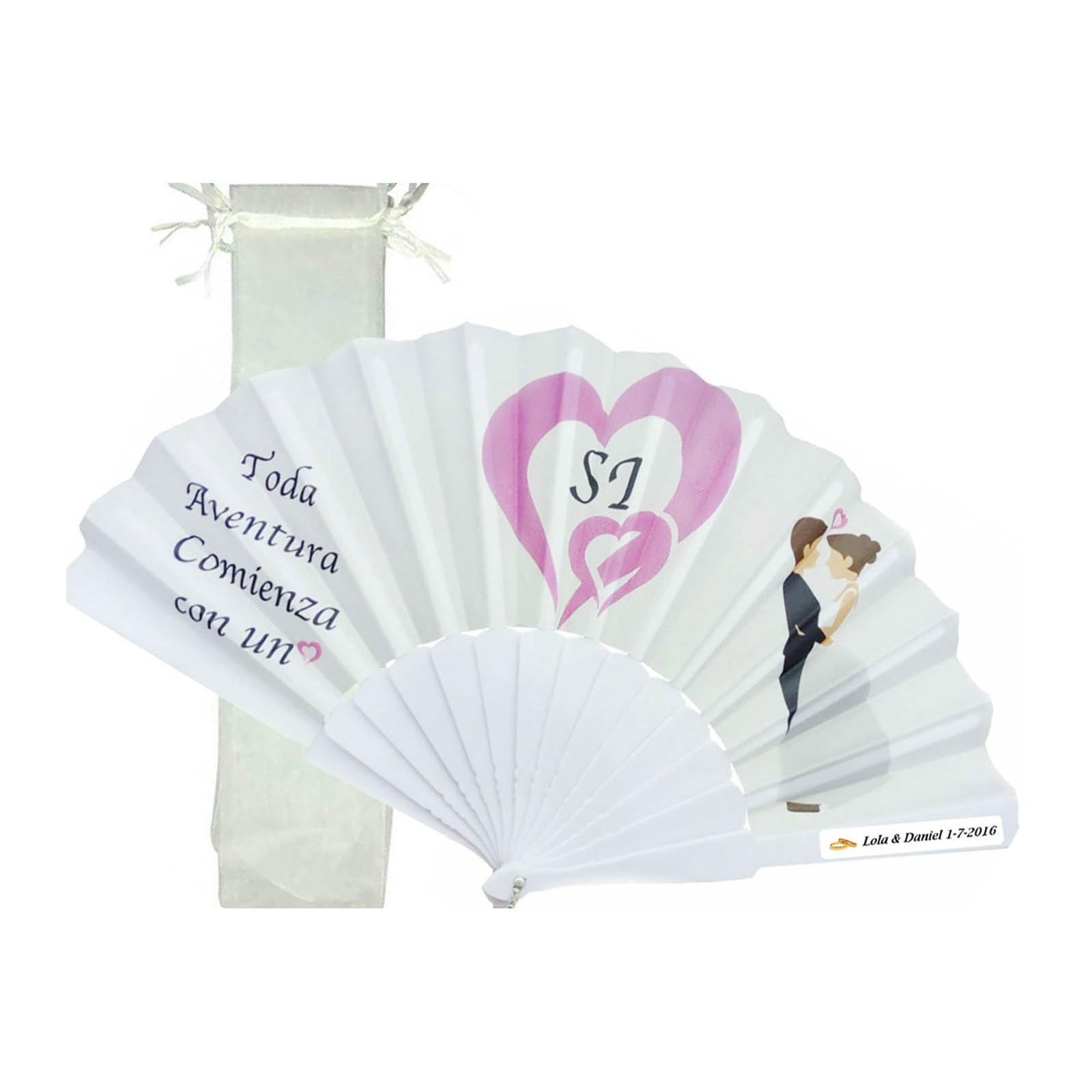 Eventail personnalisé pour mariages avec sac en organza