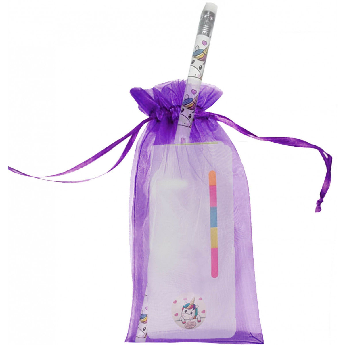 Bloc-notes post-it licorne et crayon dans un sac en organza