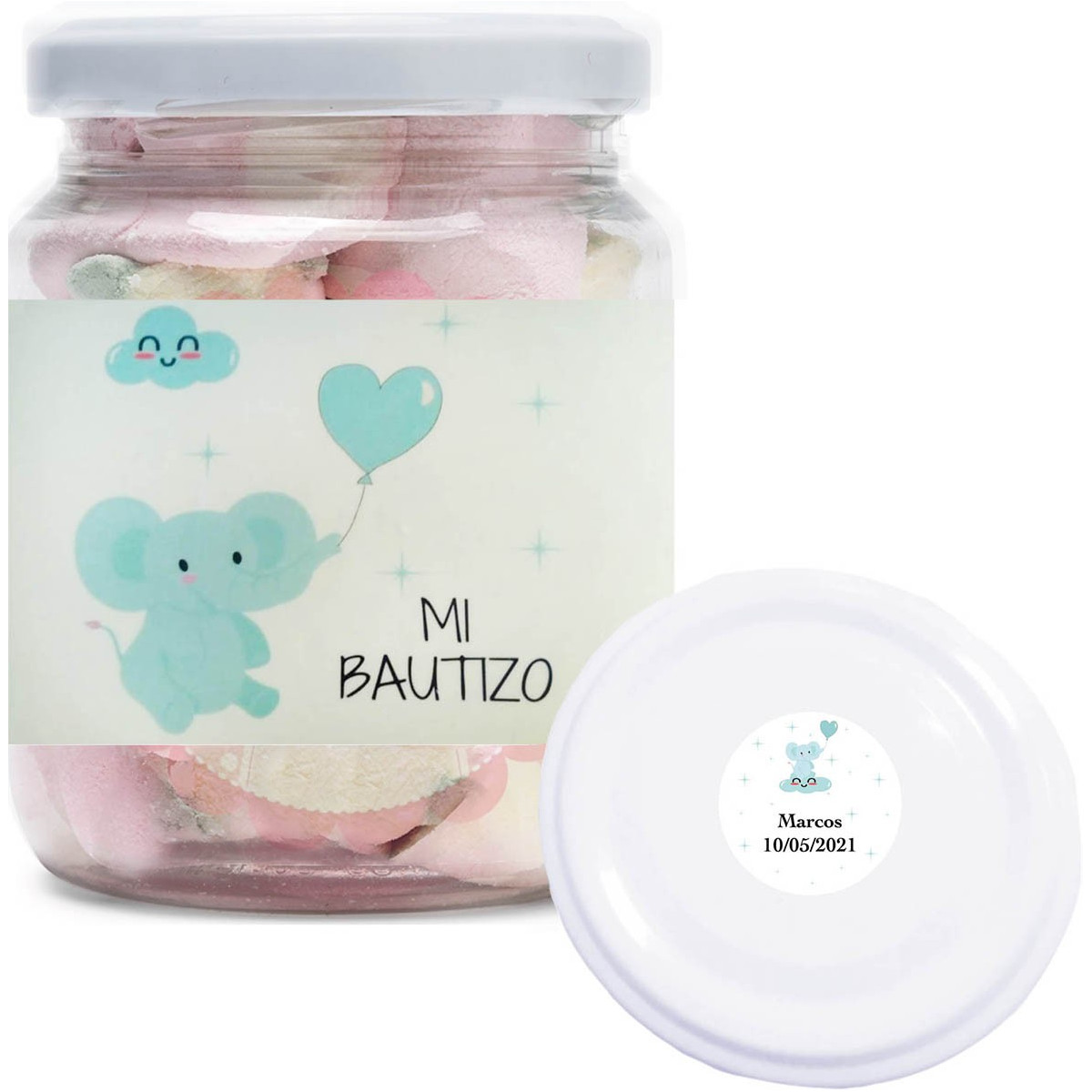 Bocal en PVC transparent personnalisé pour baptême avec des nuages sucrés