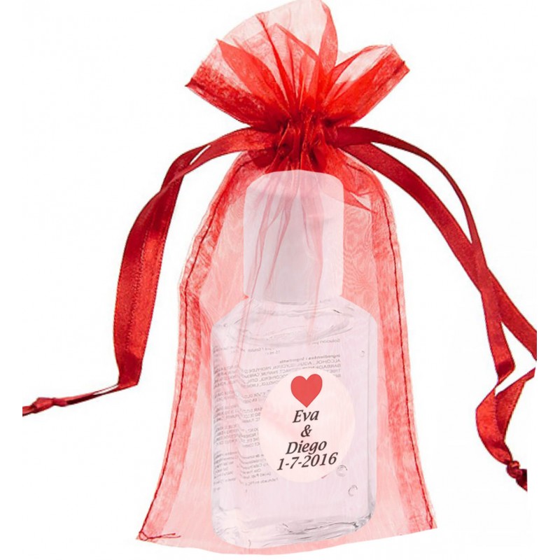 Gel hydroalcoolique avec autocollant personnalisé, présenté dans un sachet en organza