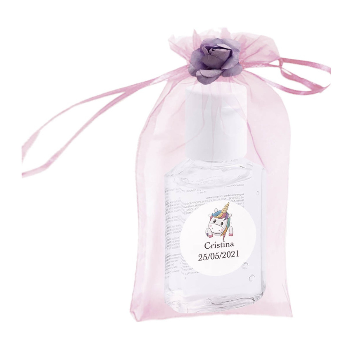 Gel hydroalcoolique dans un sac avec fleur et autocollant personnalisé avec nom et date
