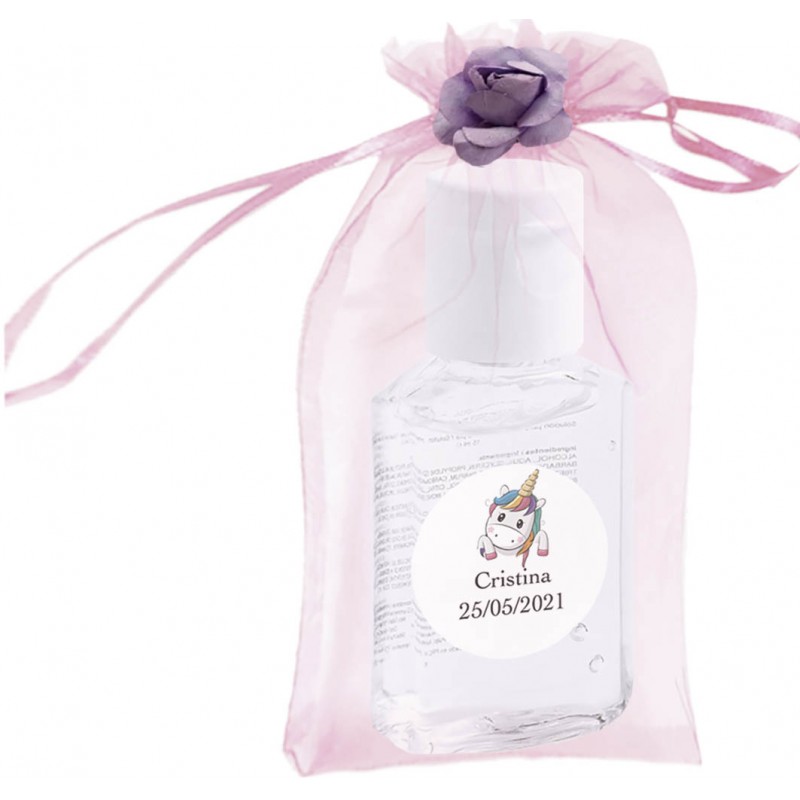 Gel hydroalcoolique dans un sac avec fleur et autocollant personnalisé avec nom et date
