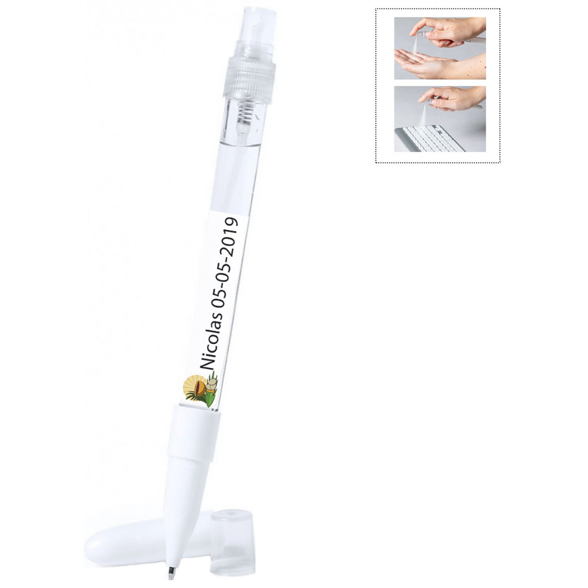 Stylo à bille blanc avec vaporisateur rechargeable personnalisable pour la communion