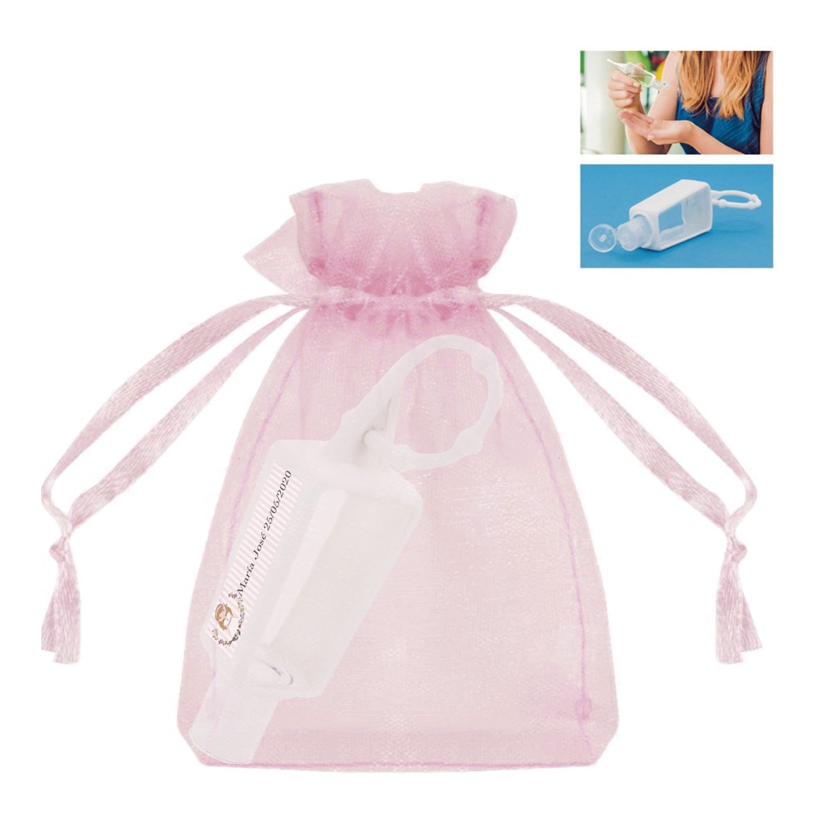 Bouteille de gel hydroalcoolique rechargeable avec sac organza pour communion fille
