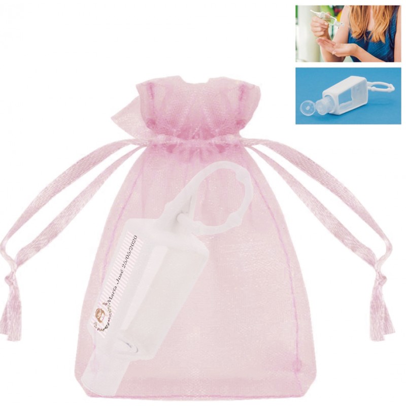 Bouteille de gel hydroalcoolique rechargeable avec sac organza pour communion fille