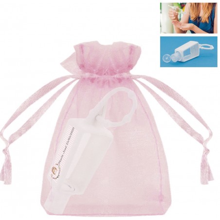 Bouteille de gel hydroalcoolique rechargeable avec sac organza pour communion fille