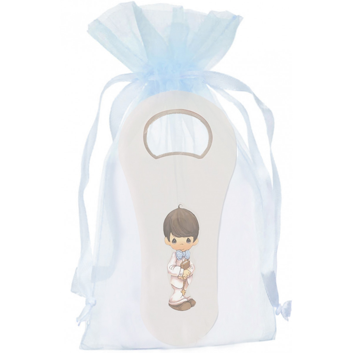 Ouvre-bouteille blanc pour communion dans un sac en organza