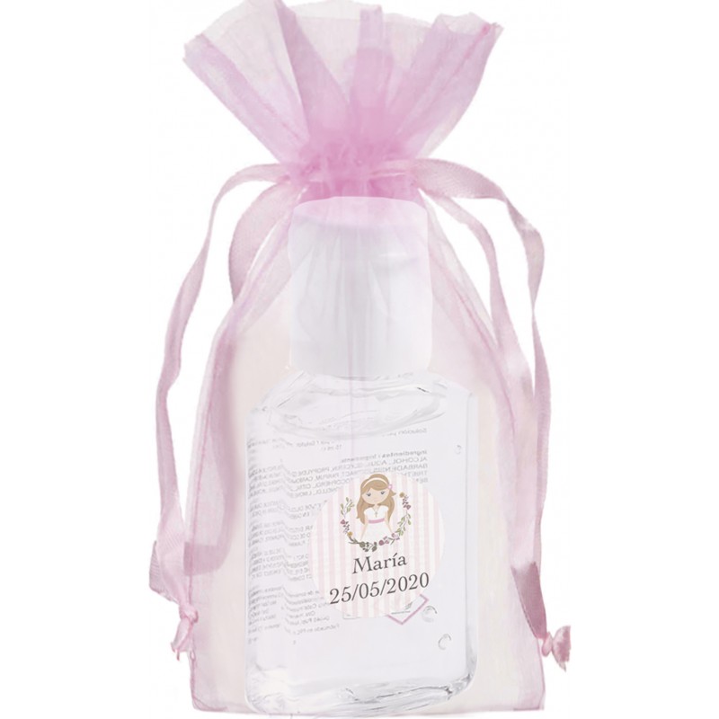 Gel hydroalcoolique personnalisé avec autocollant de communion dans un sachet en organza