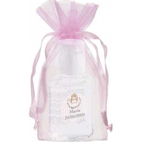 Gel hydroalcoolique personnalisé avec autocollant de communion dans un sachet en organza