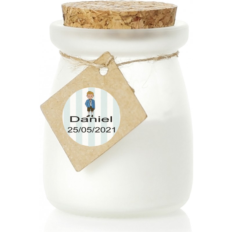 Bougie en verre personnalisée pour la communion d\'un garçon