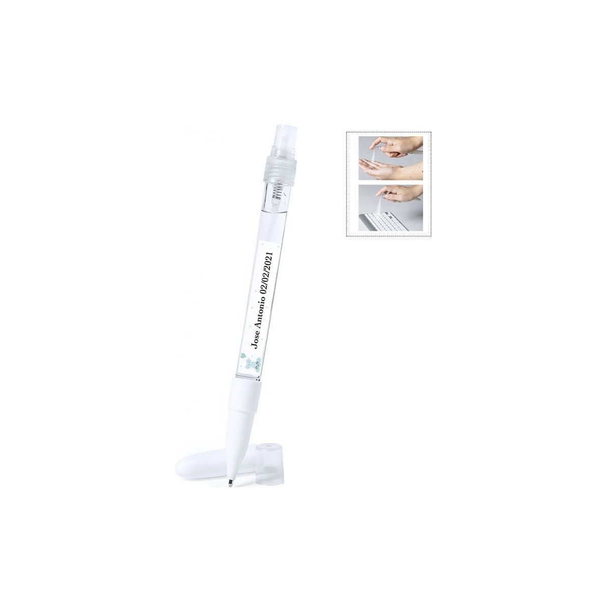 Stylo blanc avec pulvérisateur rechargeable personnalisable pour baptême d'enfant