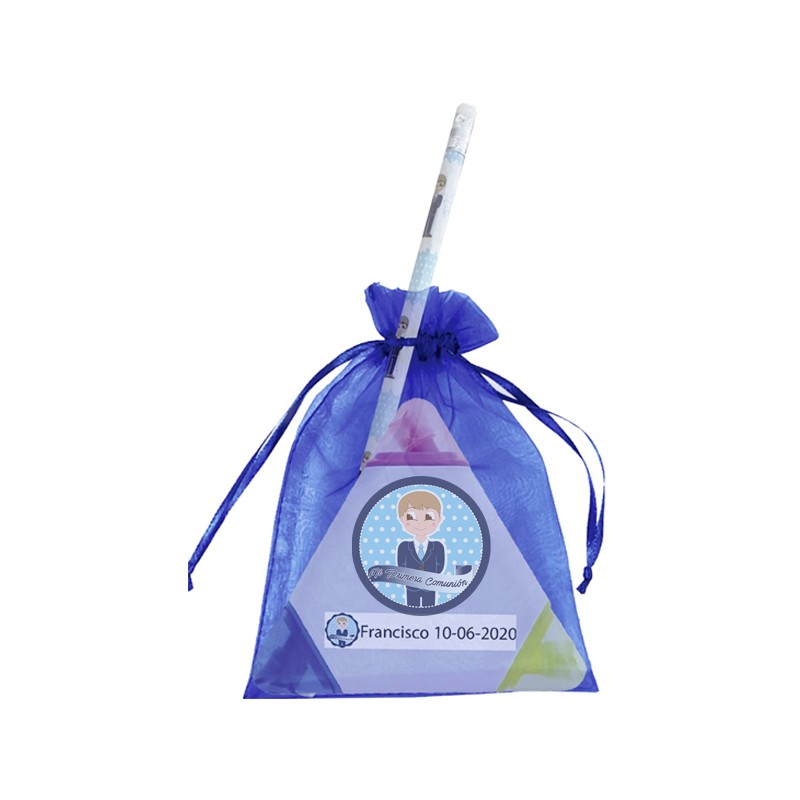 Marqueur garçon de communion personnalisé avec crayon et sac en organza