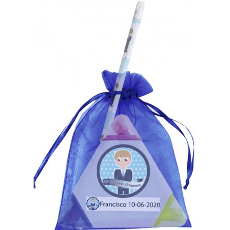 Marqueur garçon de communion personnalisé avec crayon et sac en organza