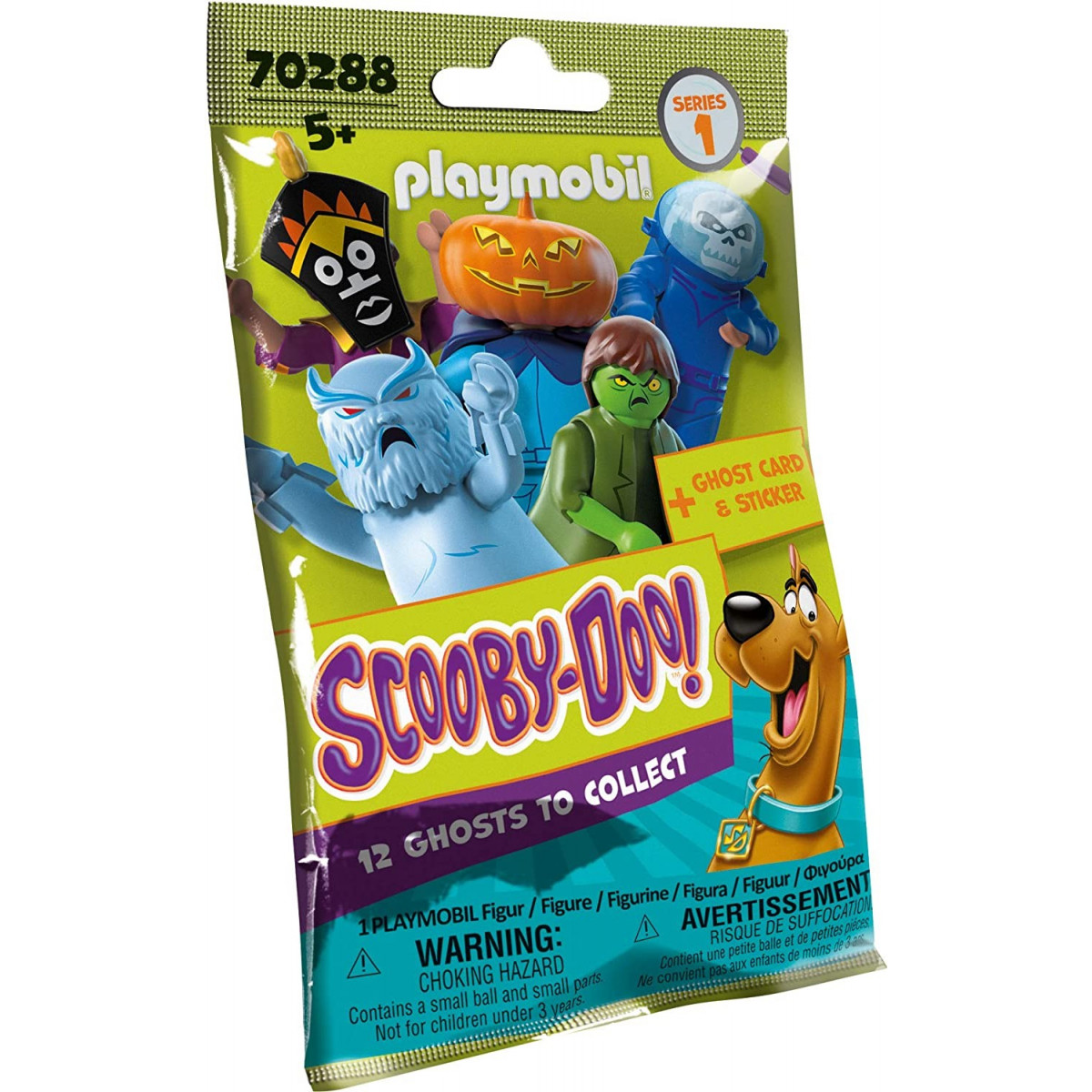 Affichage avec 48 sachets surprises de Playmobil de la série Scooby Doo