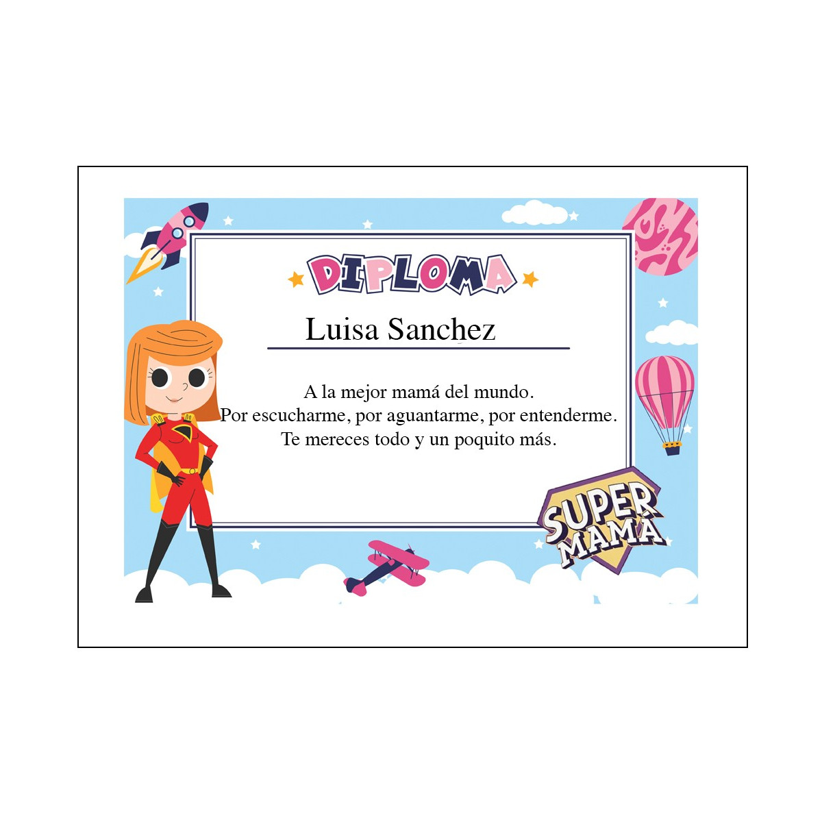 Diplôme de super maman personnalisé avec nom et dévouement