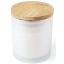 Bougie parfumée à la vanille présentée dans un bocal en verre avec bouchon en bambou