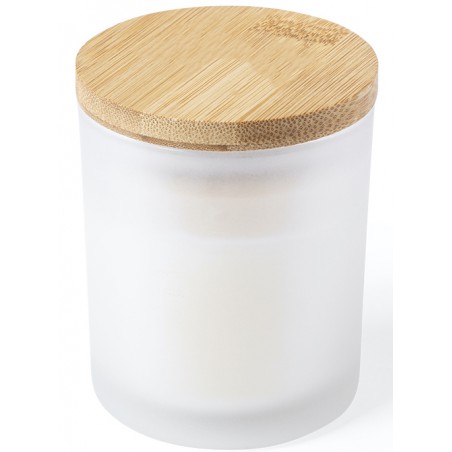 Bougie parfumée à la vanille présentée dans un bocal en verre avec bouchon en bambou