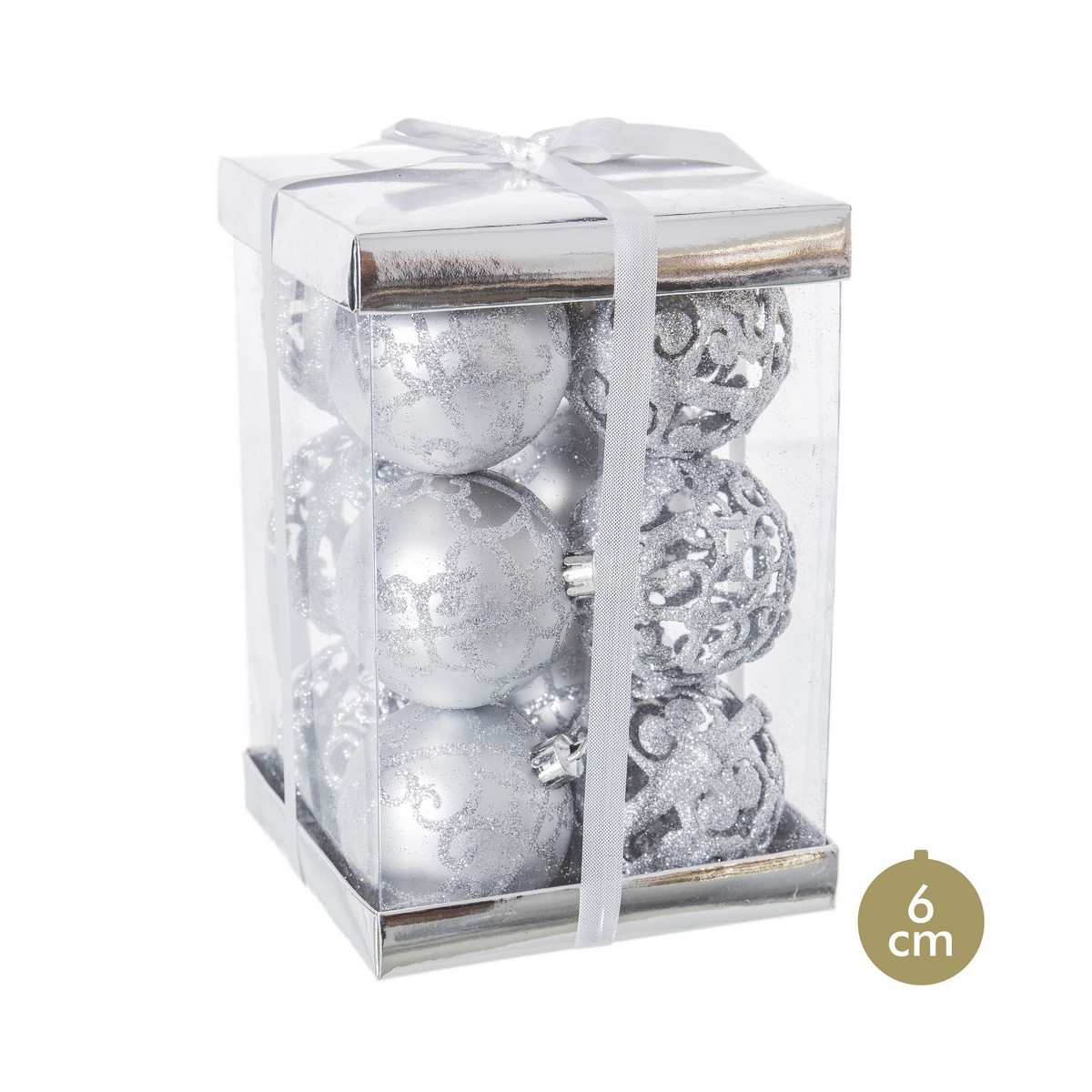 S 12 boules décorées en plastique argenté 6 x 6 x 6 cm