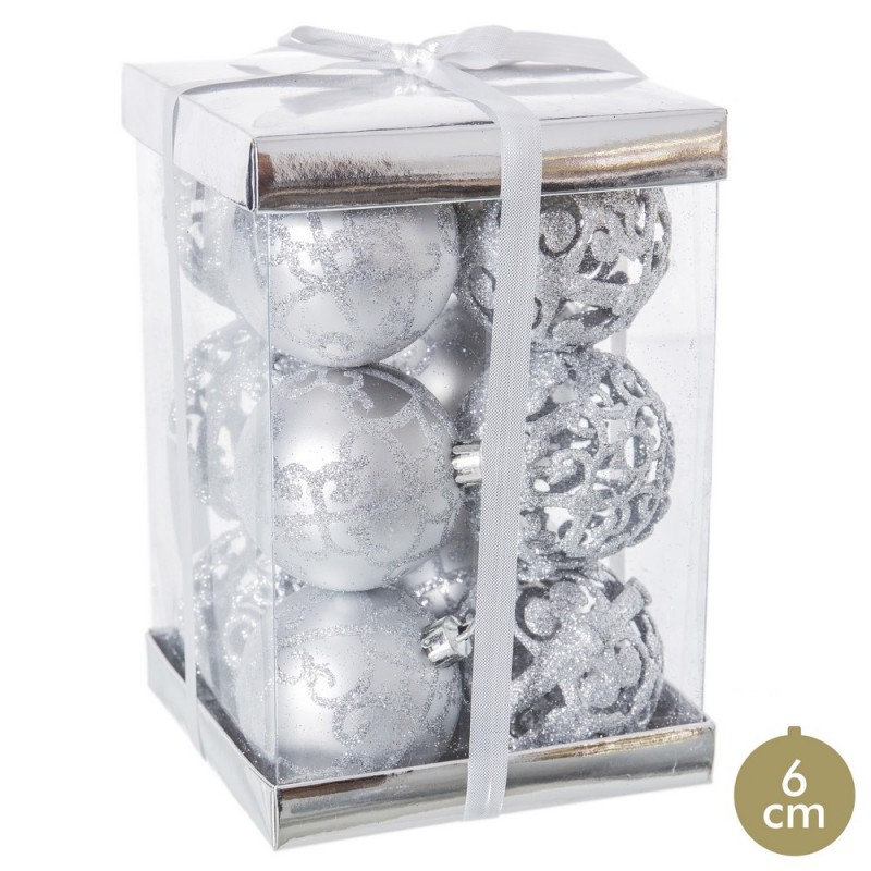 S 12 boules décorées en plastique argenté 6 x 6 x 6 cm