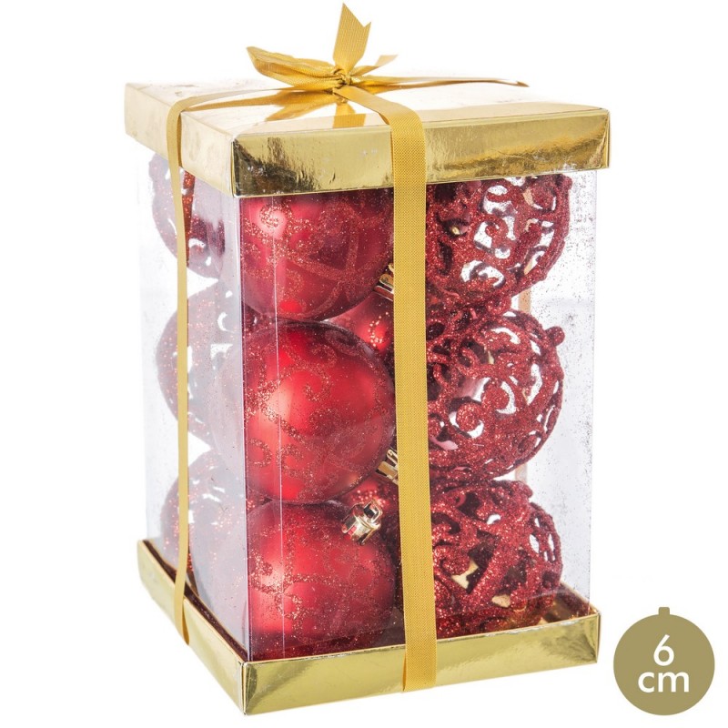 S 12 boules décorées en plastique rouge 6 x 6 x 6 cm
