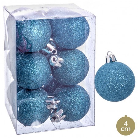 S 12 boules paillettes en plastique bleu 4 x 4 x 4 cm