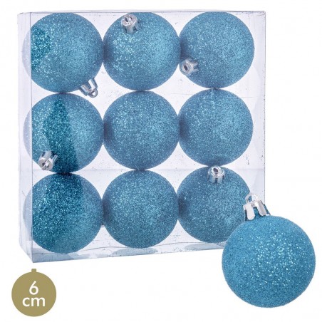 S 9 boules pailletées en plastique bleu 6 x 6 x 6 cm