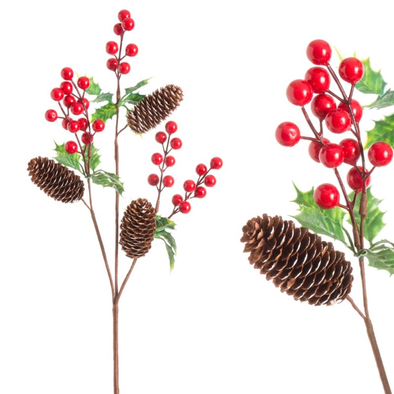 Branche de houx avec pomme de pin 60 cm