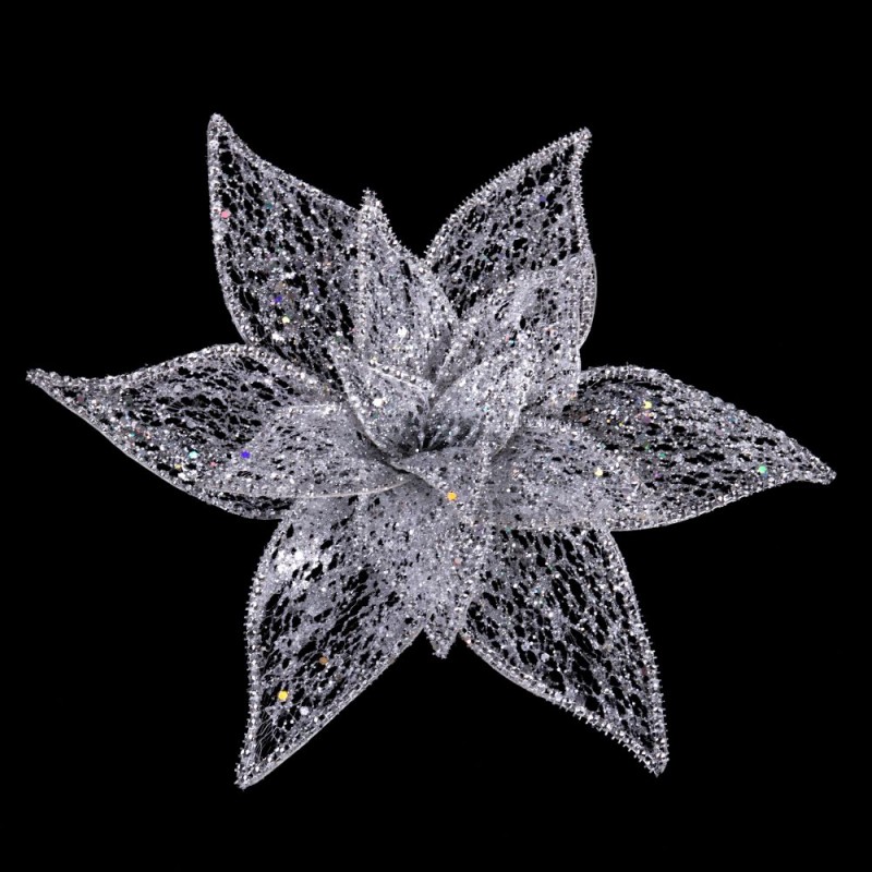 Poinsettia avec clip en organza argent 30 cm