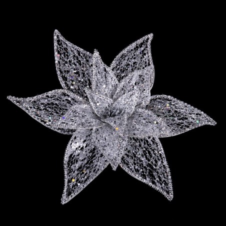 Poinsettia avec clip en organza argent 30 cm