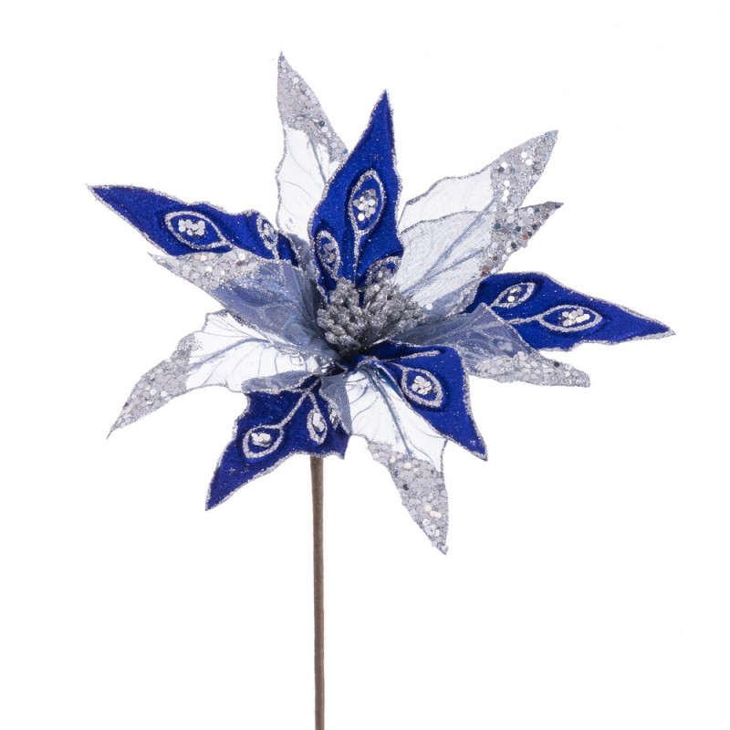 Poinsettia tissu bleu argent 55 x 30 cm