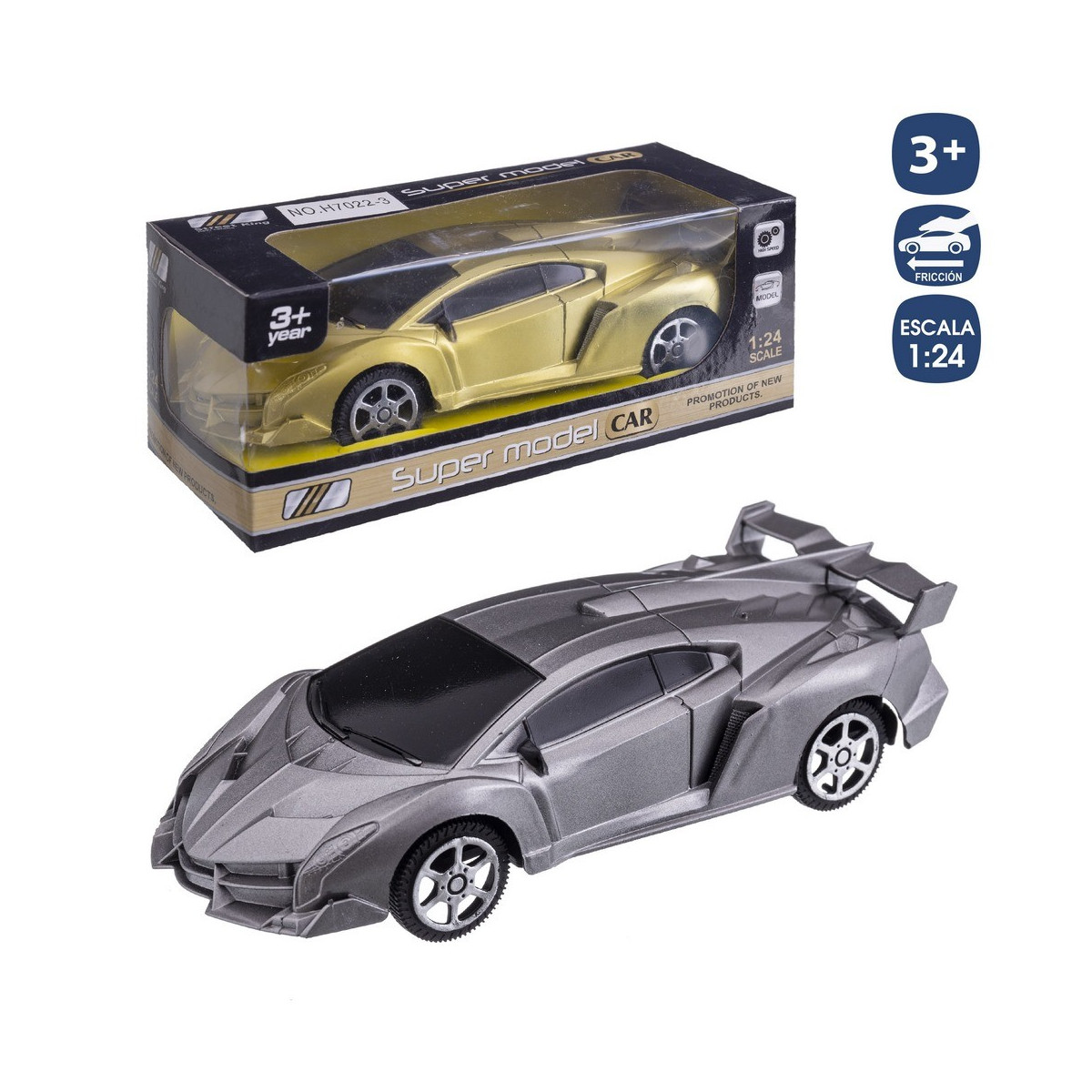 Voiture de sport friction or argent 17 cm