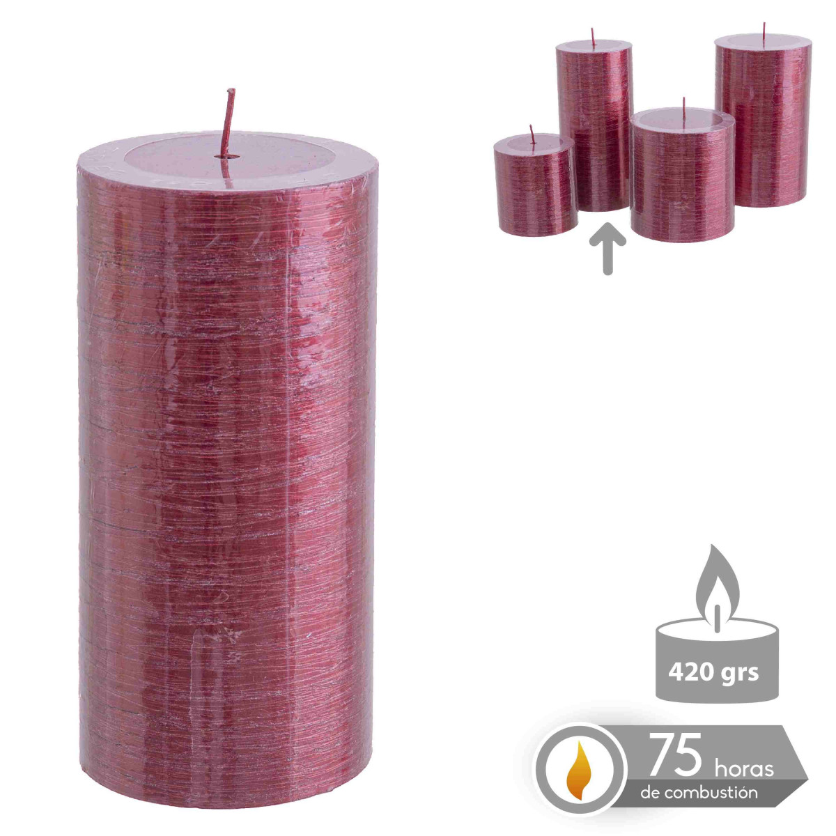 Bougie cylindrique rouge métallique Noël 6,80 x 14 cm