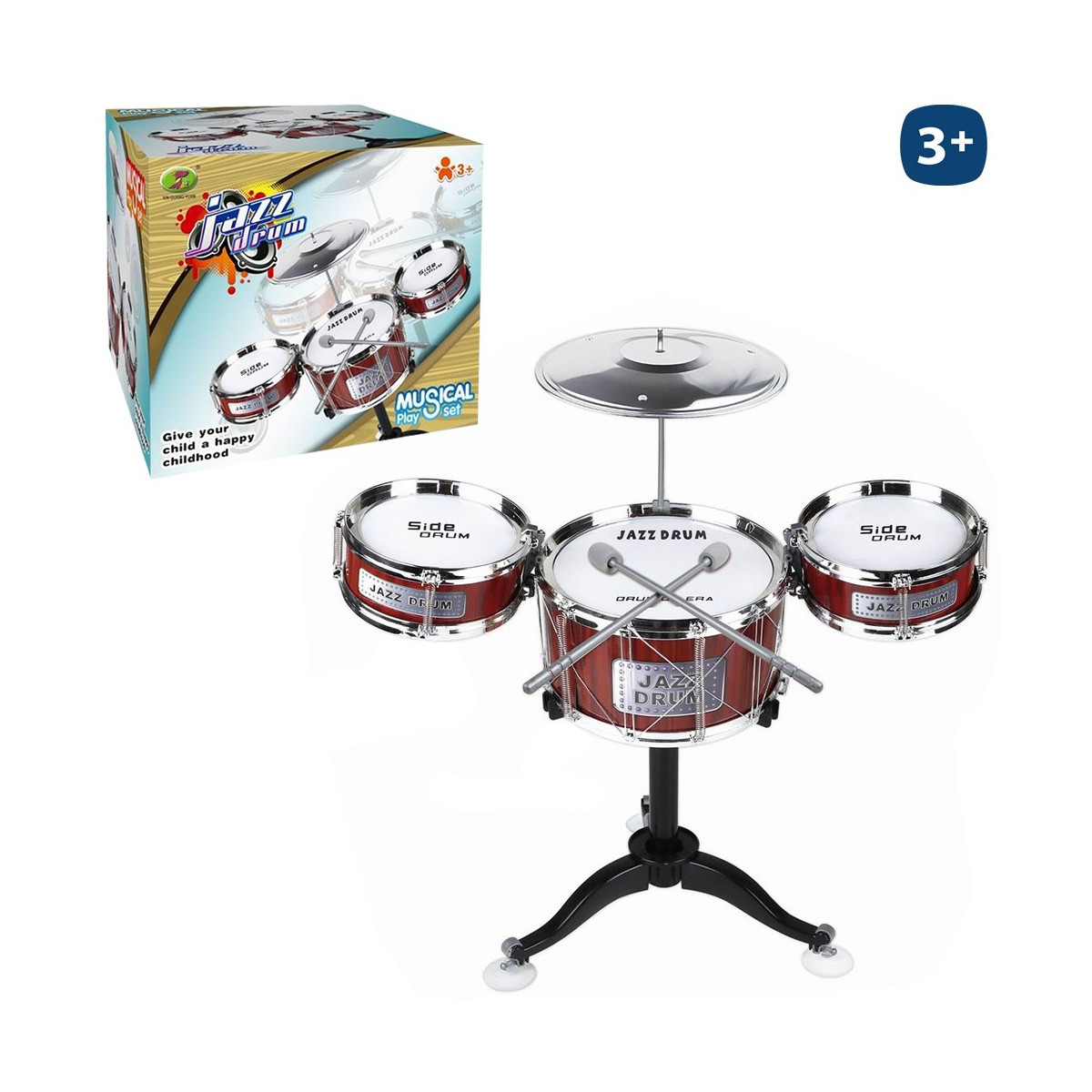 Batterie 3 timbales 1 cymbale 2 baguettes 52 x 60 cm