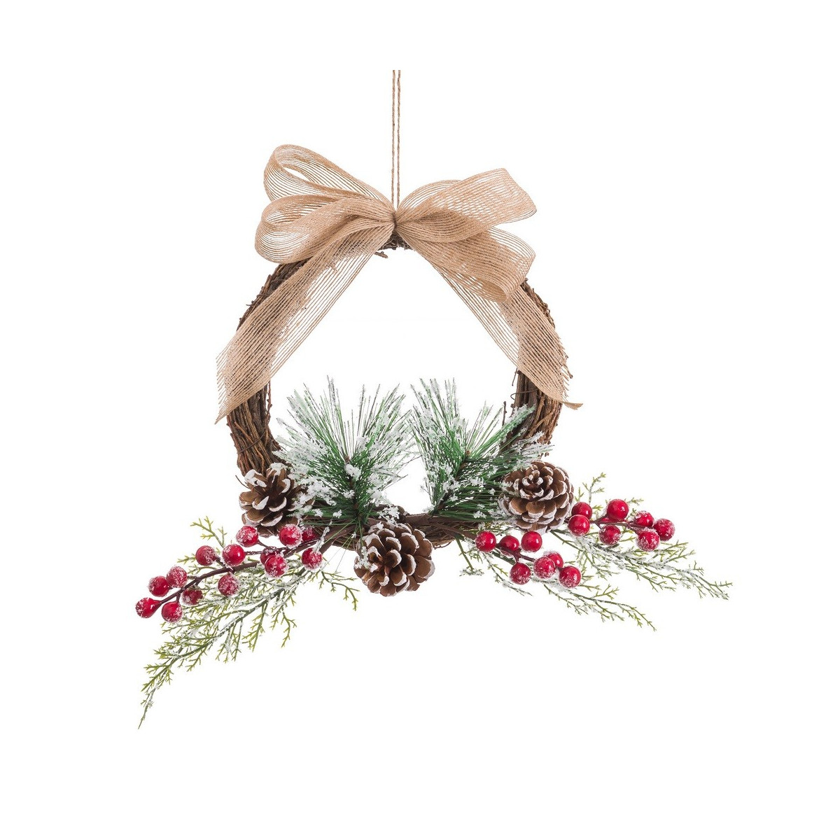 Couronne de houx avec pomme de pin et nœud 25 x 25 cm
