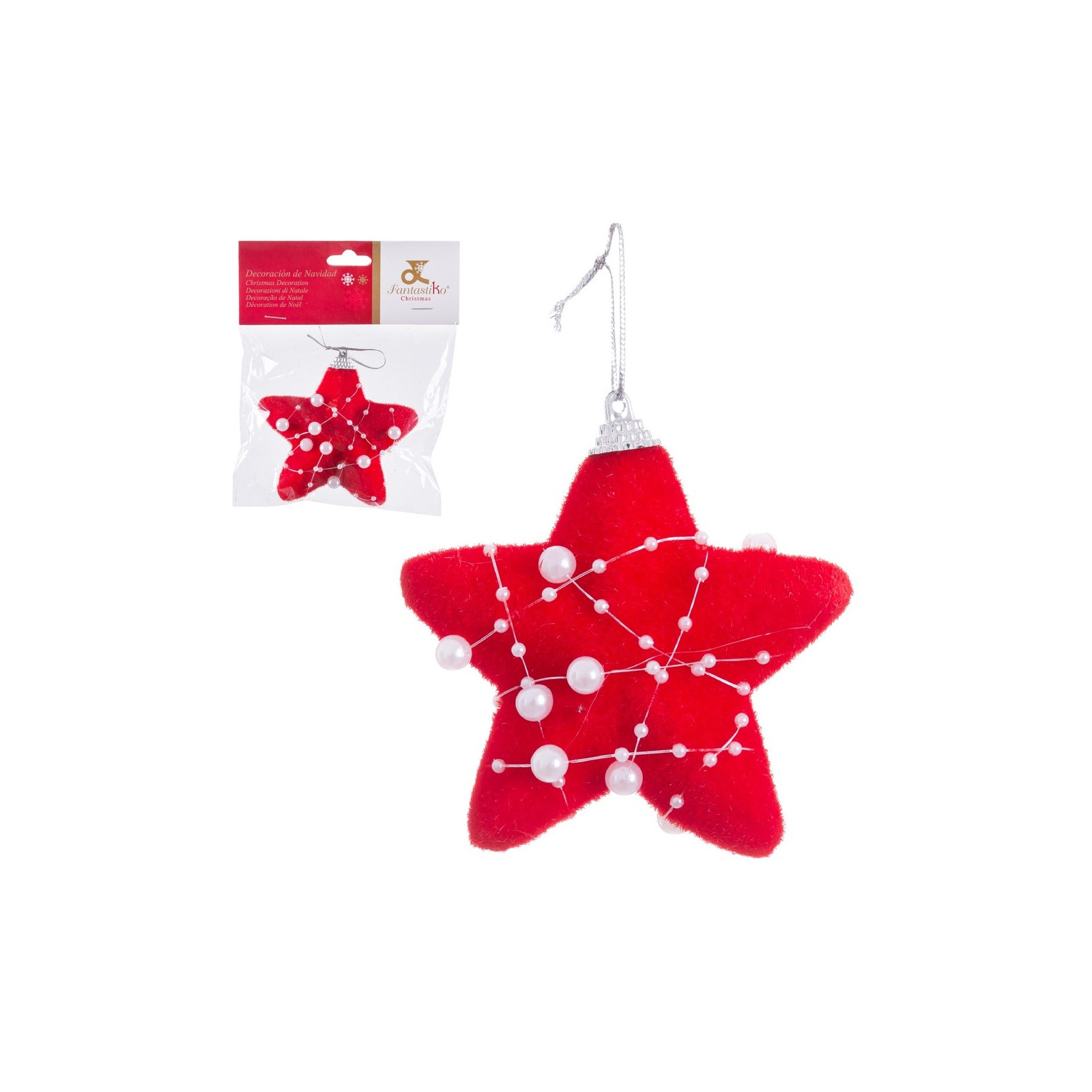 Pendentif étoile mousse rouge perles 10 cm