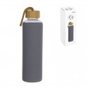Bouteille en verre de 600 ml avec manchon en silicone et couvercle en bambou gris