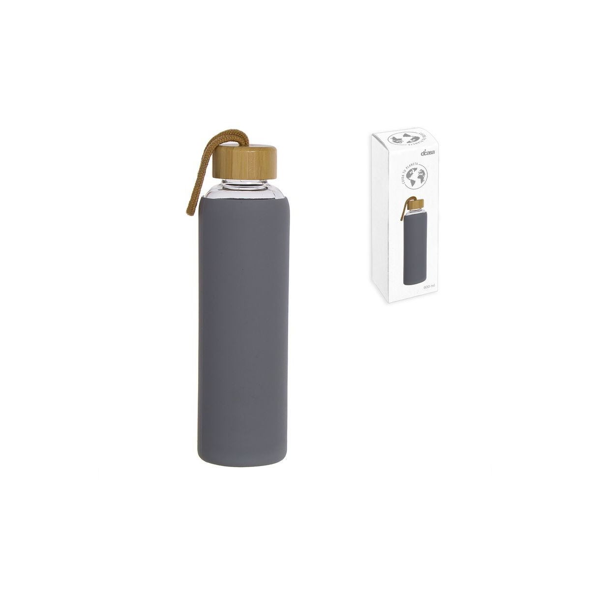 Bouteille en verre de 600 ml avec manchon en silicone et couvercle en bambou gris