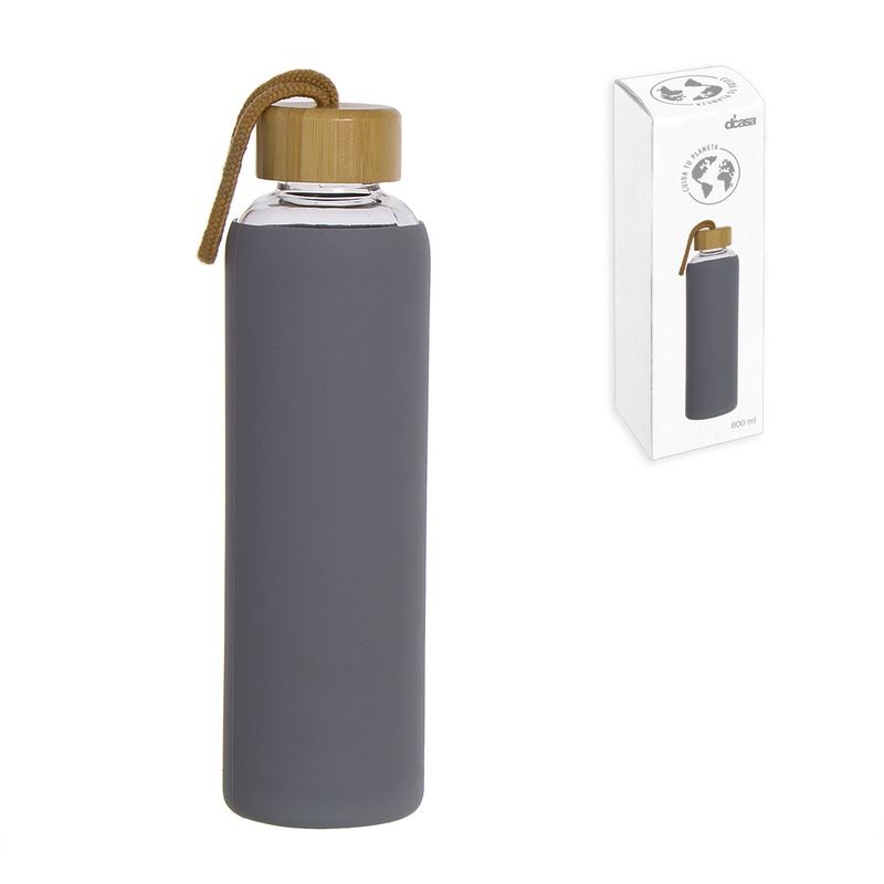 Bouteille en verre de 600 ml avec manchon en silicone et couvercle en bambou gris