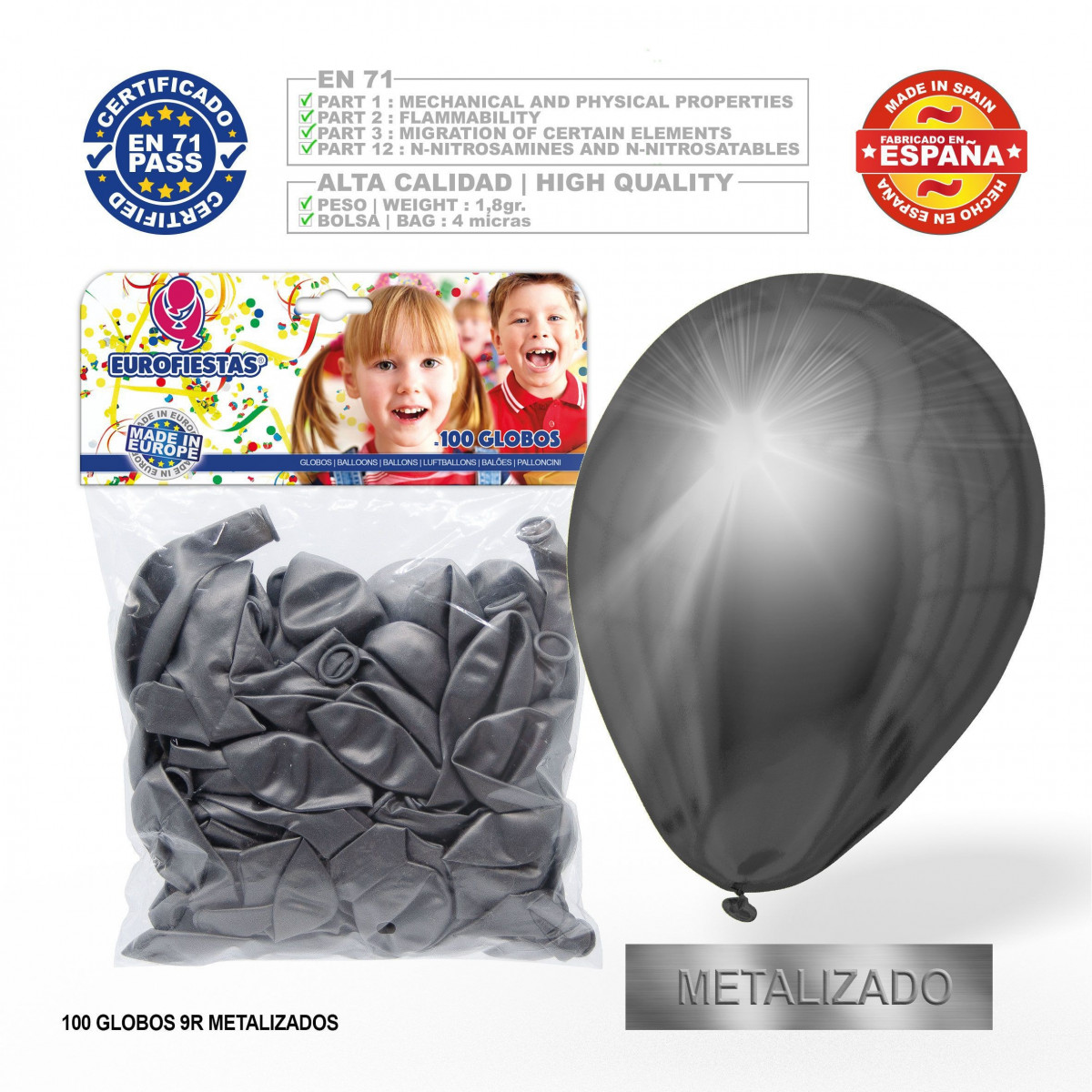 Pack de ballons argent métallisé 9r 100 unités
