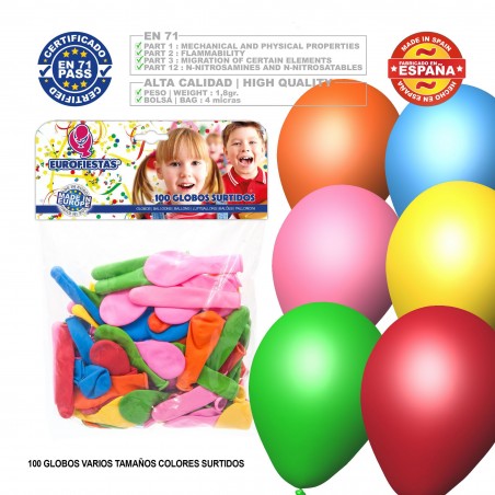 Ballon couleurs assorties différentes tailles 100 unités