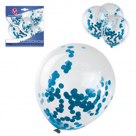 Pack de 4 ballons en latex bleu avec confettis