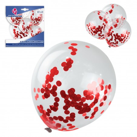 Pack de ballons en latex avec confettis 4 rouges