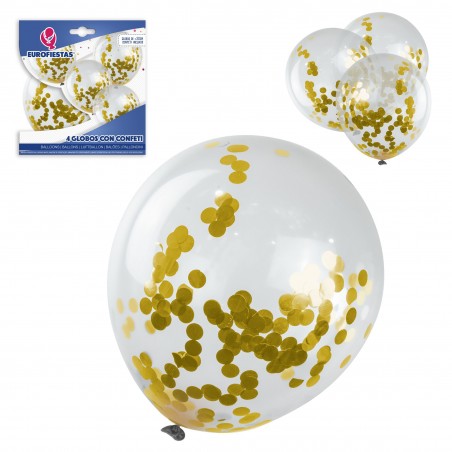 Paquet de ballons en latex avec confettis 4 or