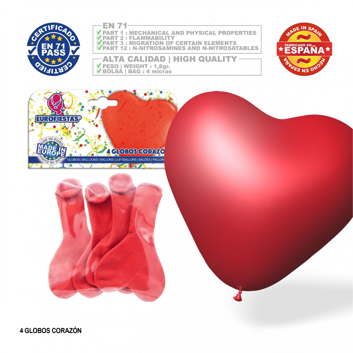 Paquet de 4 ballons rouges en forme de cœur
