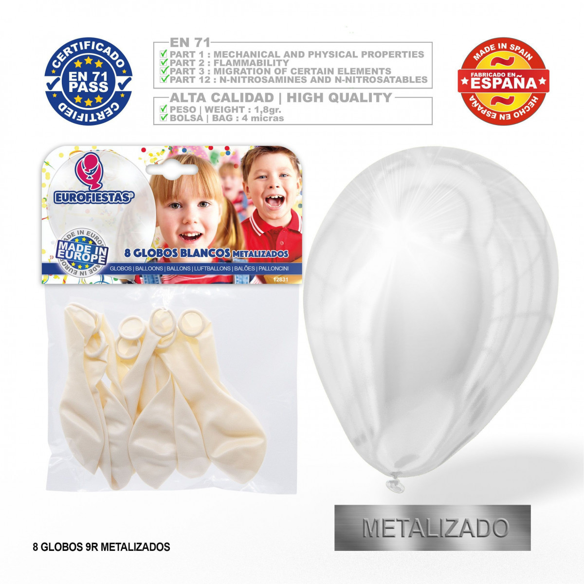 Pack de ballons métallisés blancs 9r 8 unités