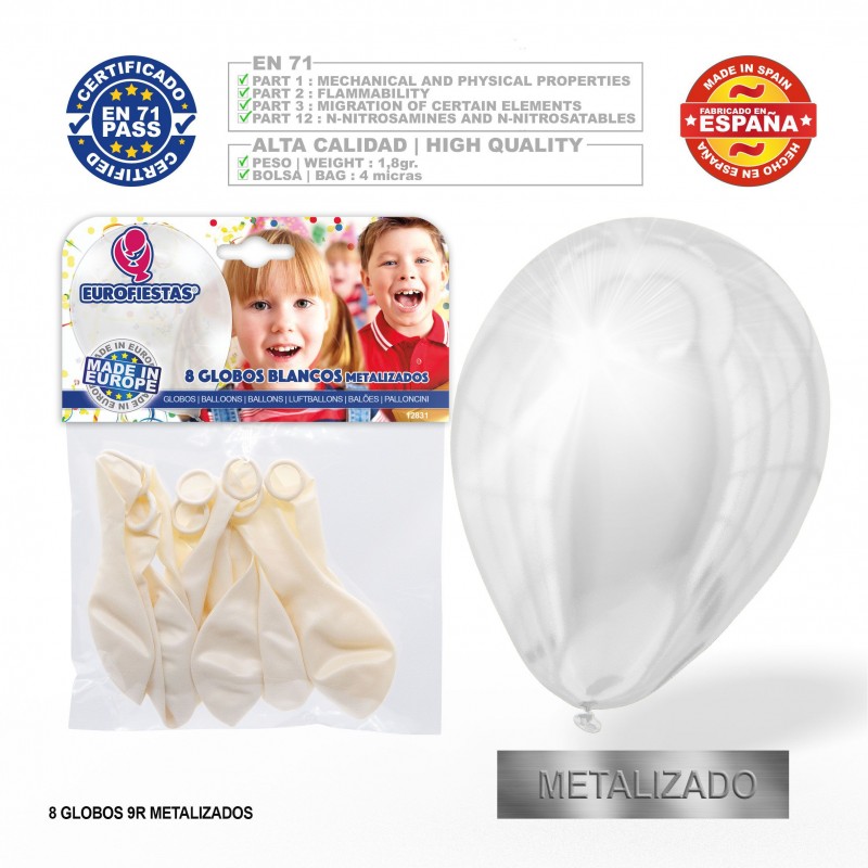 Pack de ballons métallisés blancs 9r 8 unités