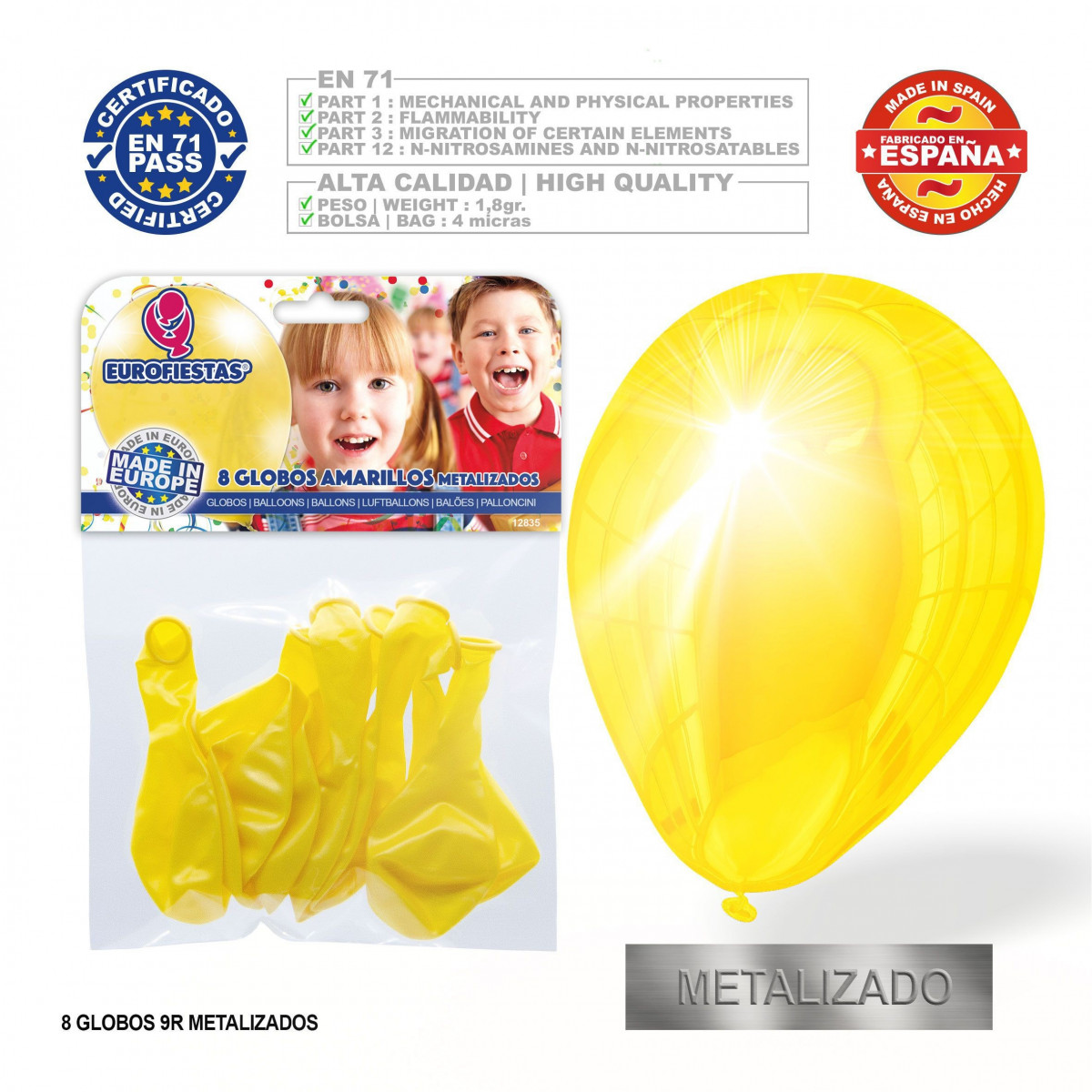 Pack de ballons métallisés jaunes 9r 8 unités