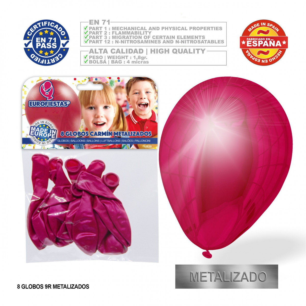 Pack de ballons métallisés carmin 9r 8 unités
