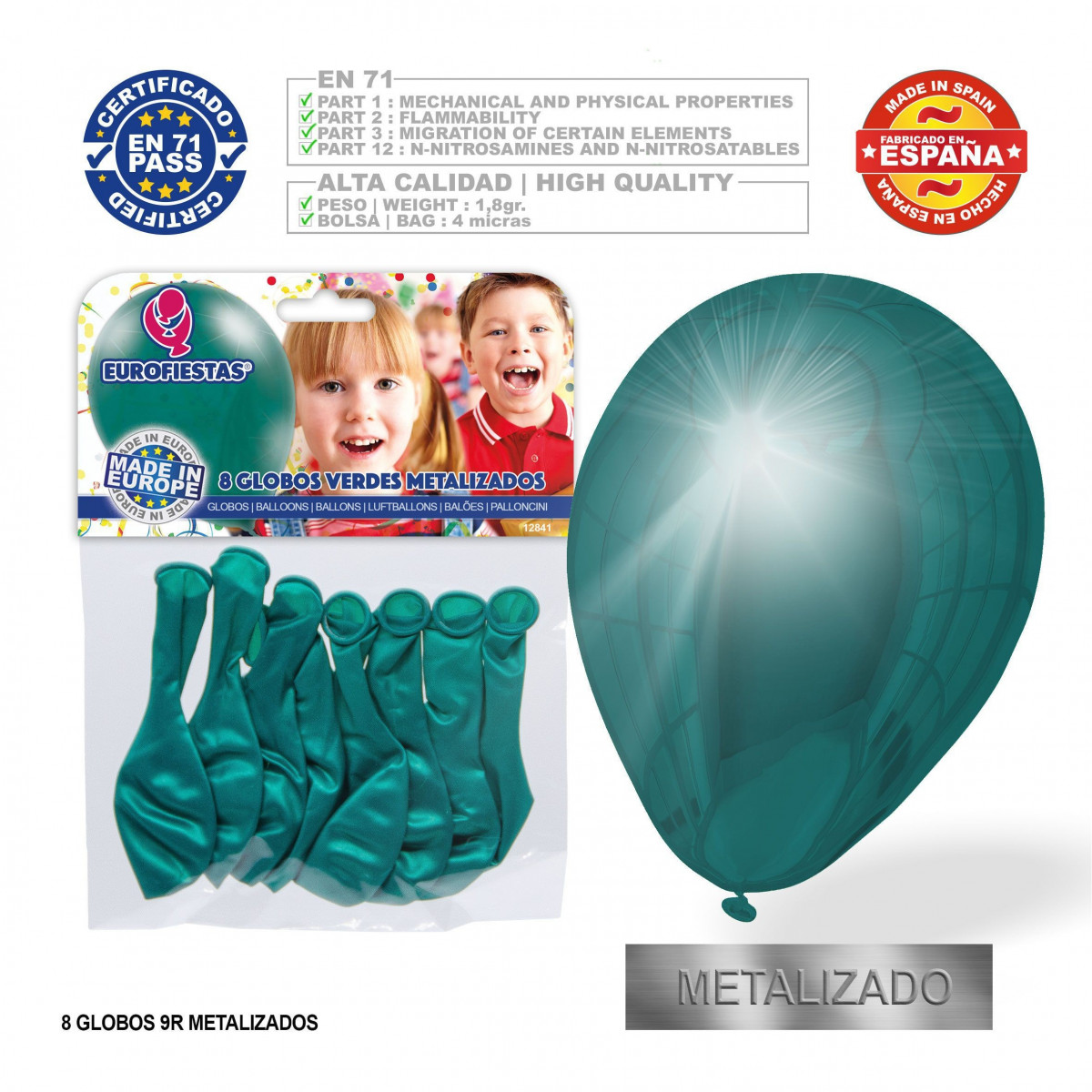 Pack de ballons métallisés verts 9r 8 unités